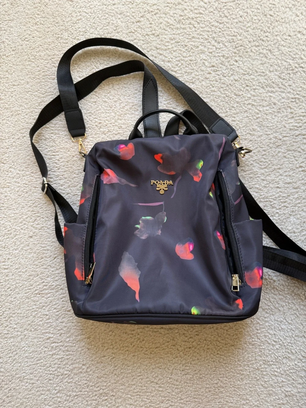 Black Floral Print Nylon Backpack - Women's Convertible Daypack